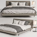 Modern Double Bed Design With Beige Frame White And Grey Bedding And Side Table Lamp