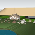 Scenic Garden Landscape With Green Grass Trees Teepee Tents String Lights And People Gathering
