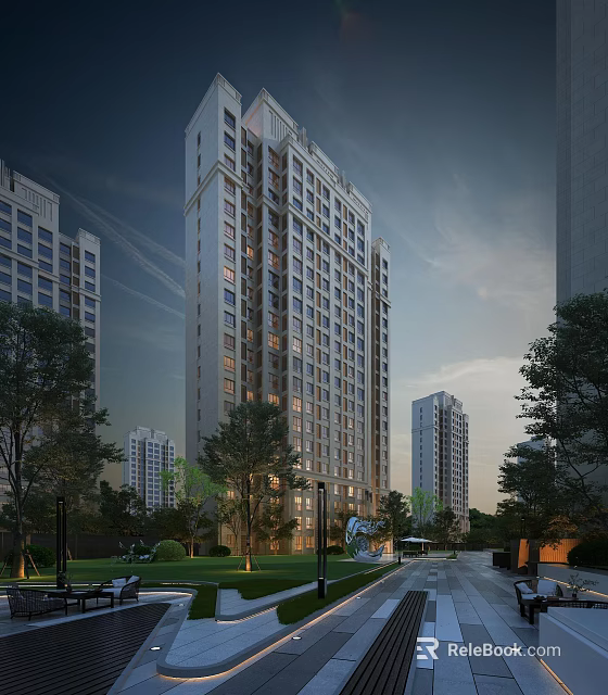 Modern High Rise Residential Building With Contemporary Design Surrounded by Greenery and Trees 3d model 