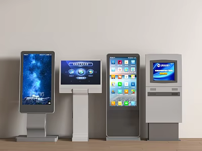 Multiple Self Service Kiosks Featuring Digital Screens And Various Interfaces 3d model
