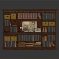 Classic Wooden Bookcase With Multiple Shelves Colorful Books Yellow Drawers And Decorative Items