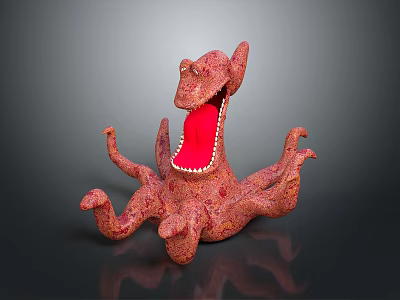Detailed Red Octopus Sculpture with Open Mouth and Extended Curled Tentacles 3d model