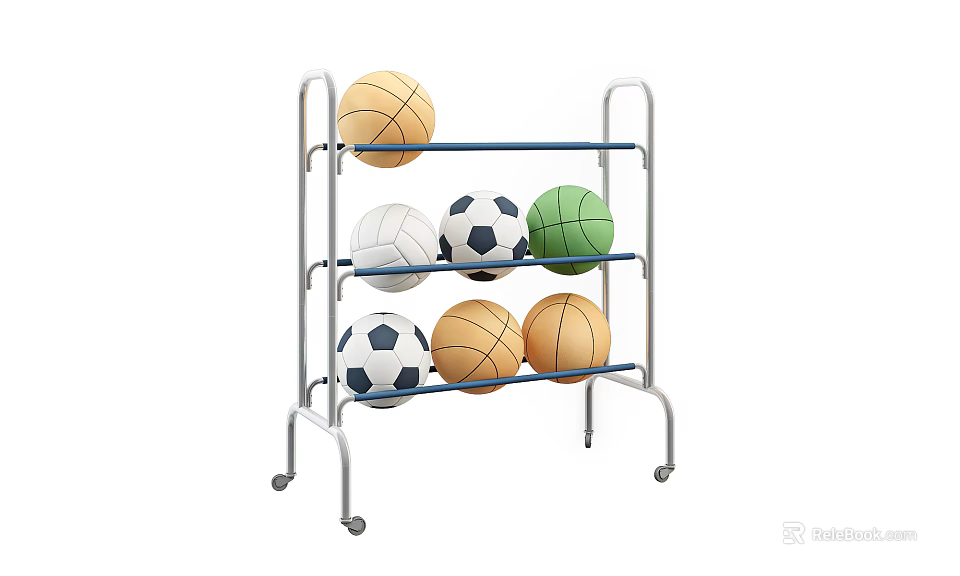 Metal Sports Equipment Storage Rack With Multi Layers Wheels And Basketballs Soccer Balls 3d model 