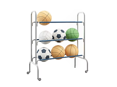 Metal Sports Equipment Storage Rack With Multi Layers Wheels And Basketballs Soccer Balls 3d model