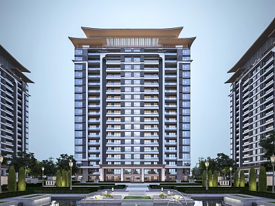 Modern High Rise Residential Buildings With Traditional Roof Design And Landscaped Gardens 3d model