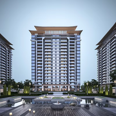 Modern High Rise Residential Buildings With Traditional Roof Design And Landscaped Gardens 3d model