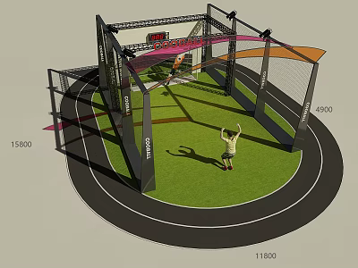 Outdoor Sports Equipment Setup With Running Track Green Lawn Training Frame And Person Exercising 3d model