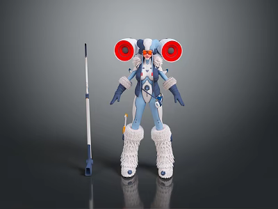 Futuristic Blue And White Mechanical Character With Red Circular Parts Furry Legs And Long Staff 3d model