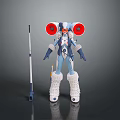 Futuristic Blue And White Mechanical Character With Red Circular Parts Furry Legs And Long Staff