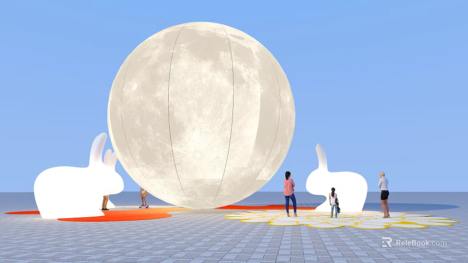 Giant Moon Art Installation In Outdoor Plaza With Rabbit Sculptures And Visitors 3d model 