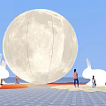 Giant Moon Art Installation In Outdoor Plaza With Rabbit Sculptures And Visitors