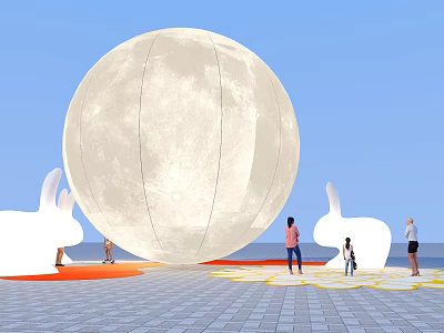 Giant Moon Art Installation In Outdoor Plaza With Rabbit Sculptures And Visitors 3d model