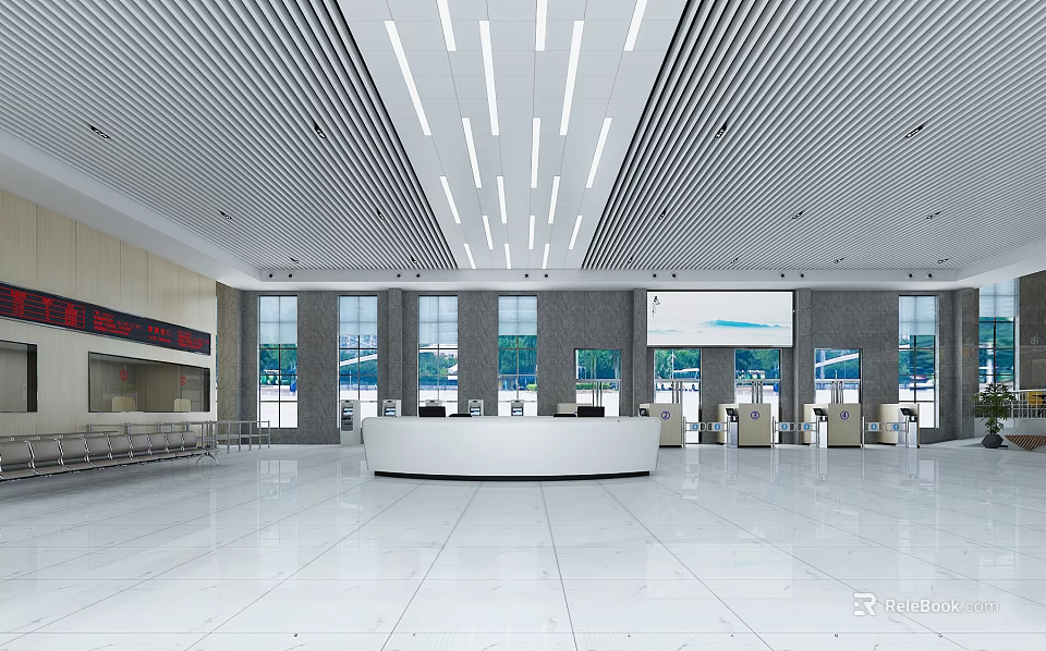 Modern Service Hall Open Space With White Reception Desk Large Windows And Marble Floor 3d model 