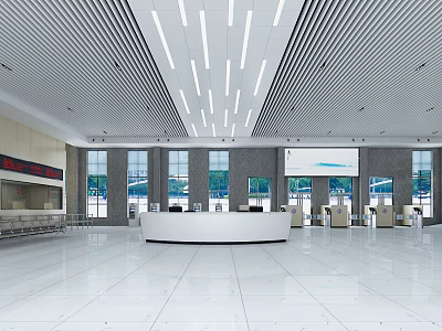 Modern Service Hall Open Space With White Reception Desk Large Windows And Marble Floor 3d model