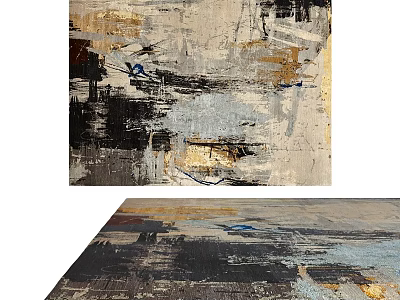 Artistic Modern Abstract Square Rug With Beige Black Gold Blue Brushstroke Texture Design 3d model