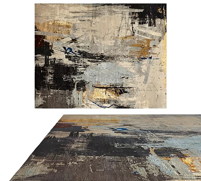 Artistic Modern Abstract Square Rug With Beige Black Gold Blue Brushstroke Texture Design 3d model