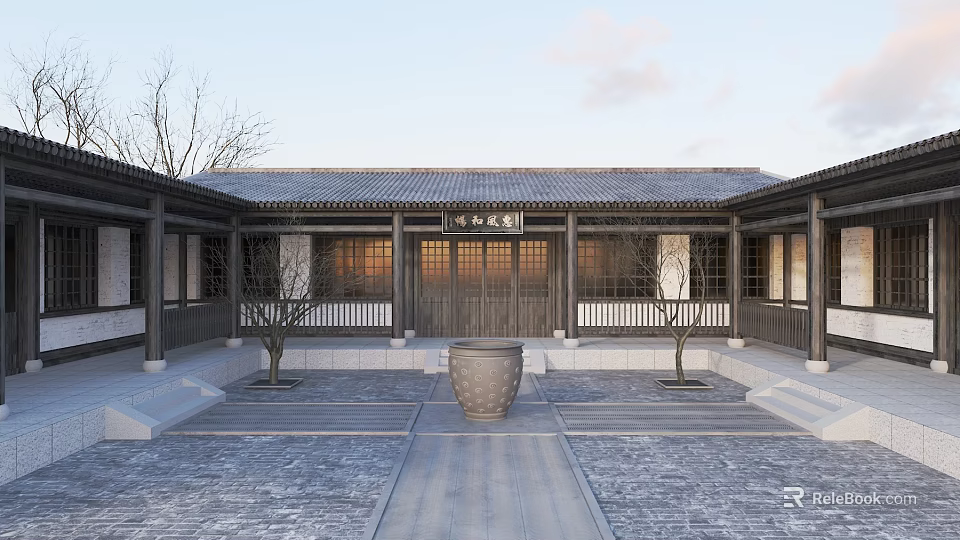 Ancient Chinese Traditional Architecture Courtyard Featuring Tile Roof Wooden Structure Central Pot And Stone Ground 3d model 