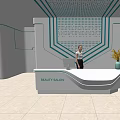 Modern Beauty Salon Front Desk With Illuminated Background Wall And Decorative Vase