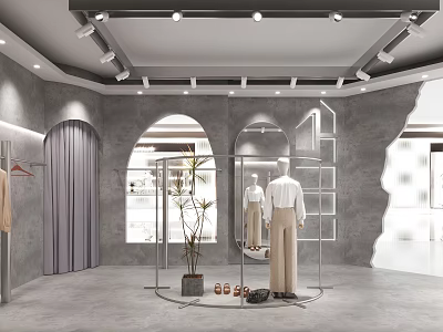 Modern Clothing Store Interior With Mannequins Clothing Racks And Decorative Plants 3d model