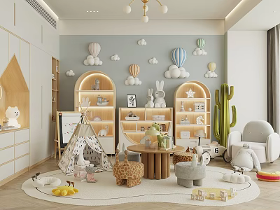 Kids Playroom Interior With Balloon Wall Decor Shelves Teepee Round Rug And Toys 3d model
