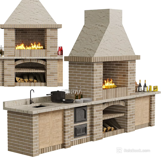 Kitchen Interior Featuring Brick Fireplace With Burning Fire Sink Cabinets And Wine Bottles 3d model 