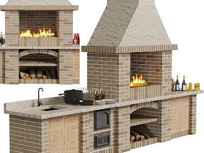 Kitchen Interior Featuring Brick Fireplace With Burning Fire Sink Cabinets And Wine Bottles 3d model