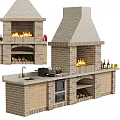 Kitchen Interior Featuring Brick Fireplace With Burning Fire Sink Cabinets And Wine Bottles 3d model
