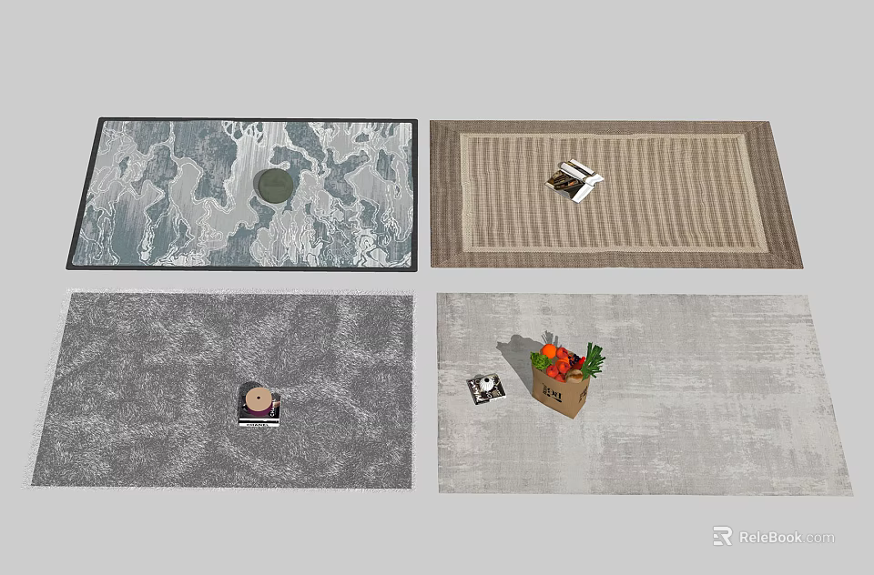 Square Rugs With Various Patterns Stripes And Decorative Items On Neutral Colors 3d model