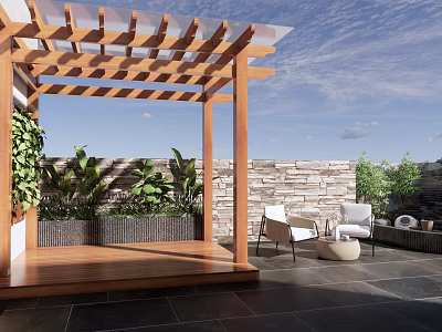 Rooftop Garden With Wooden Pergola Transparent Roof Green Plants Stone Wall And Outdoor Furniture 3d model