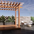 Rooftop Garden With Wooden Pergola Transparent Roof Green Plants Stone Wall And Outdoor Furniture