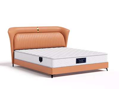 Modern Style Double Bed with Brown Leather Curved Headboard Stitched Detail White Striped Mattress 3d model