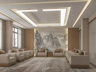 Spacious Reception Room Interior Design With Beige Sofas Mountain Landscape Painting And Wooden Walls 3d model
