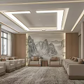 Spacious Reception Room Interior Design With Beige Sofas Mountain Landscape Painting And Wooden Walls