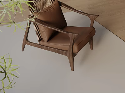 Comfortable Brown Leather Leisure Chair With Rattan Back And Wooden Legs Beside Green Plants 3d model