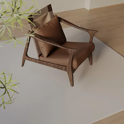Comfortable Brown Leather Leisure Chair With Rattan Back And Wooden Legs Beside Green Plants 3d model