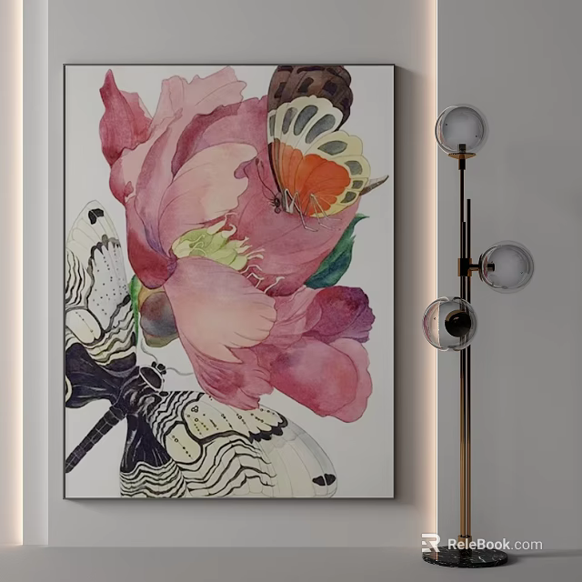Decorative Painting Featuring Pink Flower Butterflies And Modern Floor Lamp 3d model 