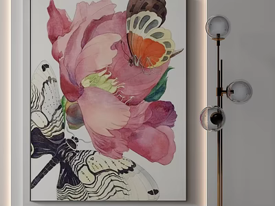 Decorative Painting Featuring Pink Flower Butterflies And Modern Floor Lamp 3d model