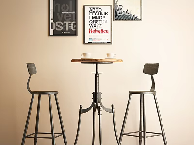Simple Modern Bar Counter With Two Metal Bar Stools And Decorative Wall Posters 3d model