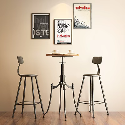 Simple Modern Bar Counter With Two Metal Bar Stools And Decorative Wall Posters 3d model
