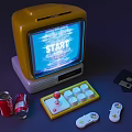 Retro Vintage Gaming Electronic Setup With Classic TV Joystick Controller White Gamepads And Floppy Disks