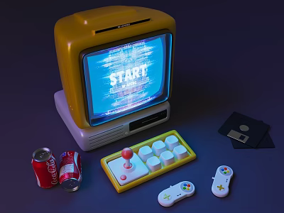 Retro Vintage Gaming Electronic Setup With Classic TV Joystick Controller White Gamepads And Floppy Disks 3d model