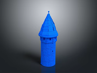 Blue Tower Model With Pointed Roof And Brick Textured Walls Featuring Small Windows 3d model