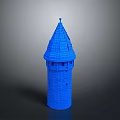 Blue Tower Model With Pointed Roof And Brick Textured Walls Featuring Small Windows