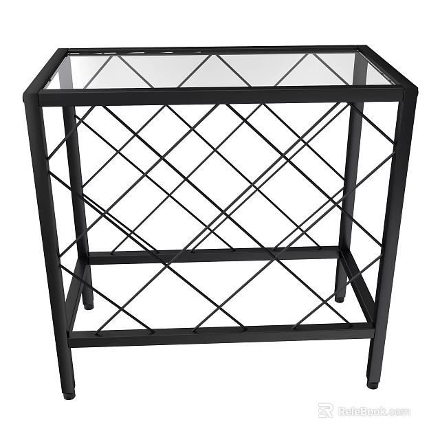 Stylish Black Metal Wine Rack With Glass Top And Diamond Grid Design 3d model 