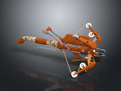 Mechanical Crossbow With Orange And White Wooden And Metal Parts And Red Decorative Flag 3d model