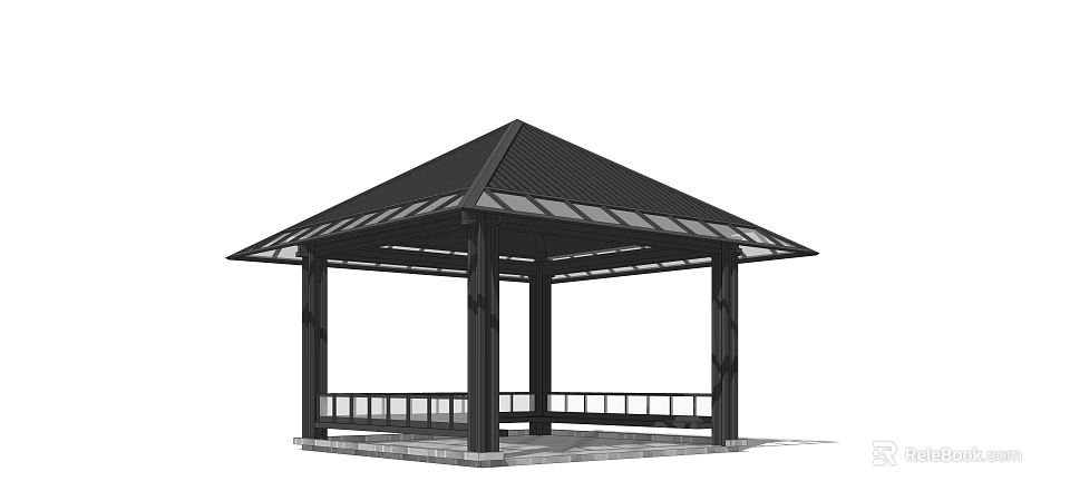 Modern Outdoor Black Metal Pavilion With Geometric Sloped Roof And Benches 3d model 