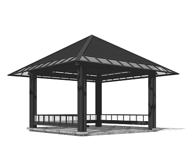 Modern Outdoor Black Metal Pavilion With Geometric Sloped Roof And Benches 3d model