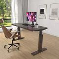 Adjustable Height Wooden Desk With Monitor Keyboard Mouse And Mug Beside Ergonomic Chair Near Window