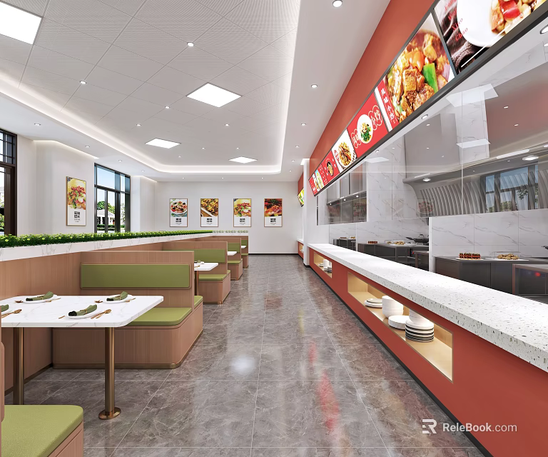 Modern Restaurant Interior With Green Booth Seats White Dining Tables And Open Kitchen 3d model