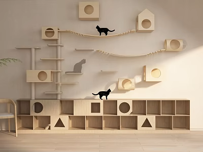 Modern Wooden Wall Mounted Cat Climbing Structure With Perches And Storage Cubbies 3d model